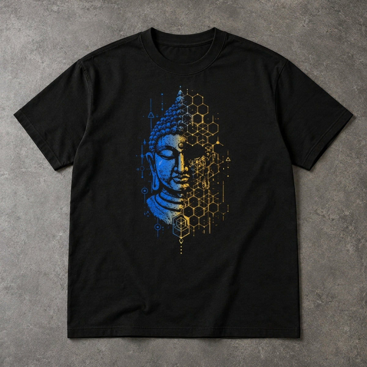 Geometric Buddha T-Shirt – Blue & Gold