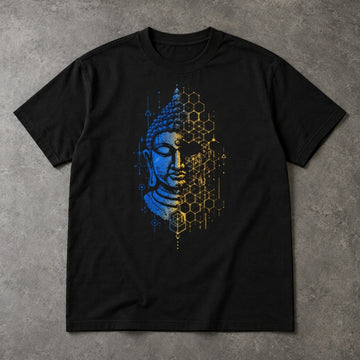Geometric Buddha T-Shirt – Blue & Gold