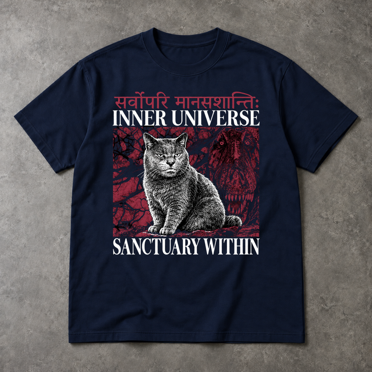 Inner Universe Cat T-Shirt - Sanctuary Within Dinosaur Graphic, Unisex