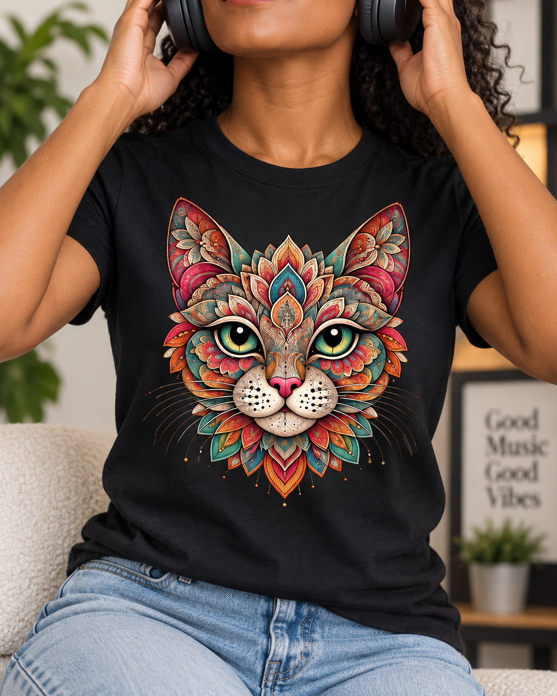 Mandala Cat T-Shirt – Floral Portrait