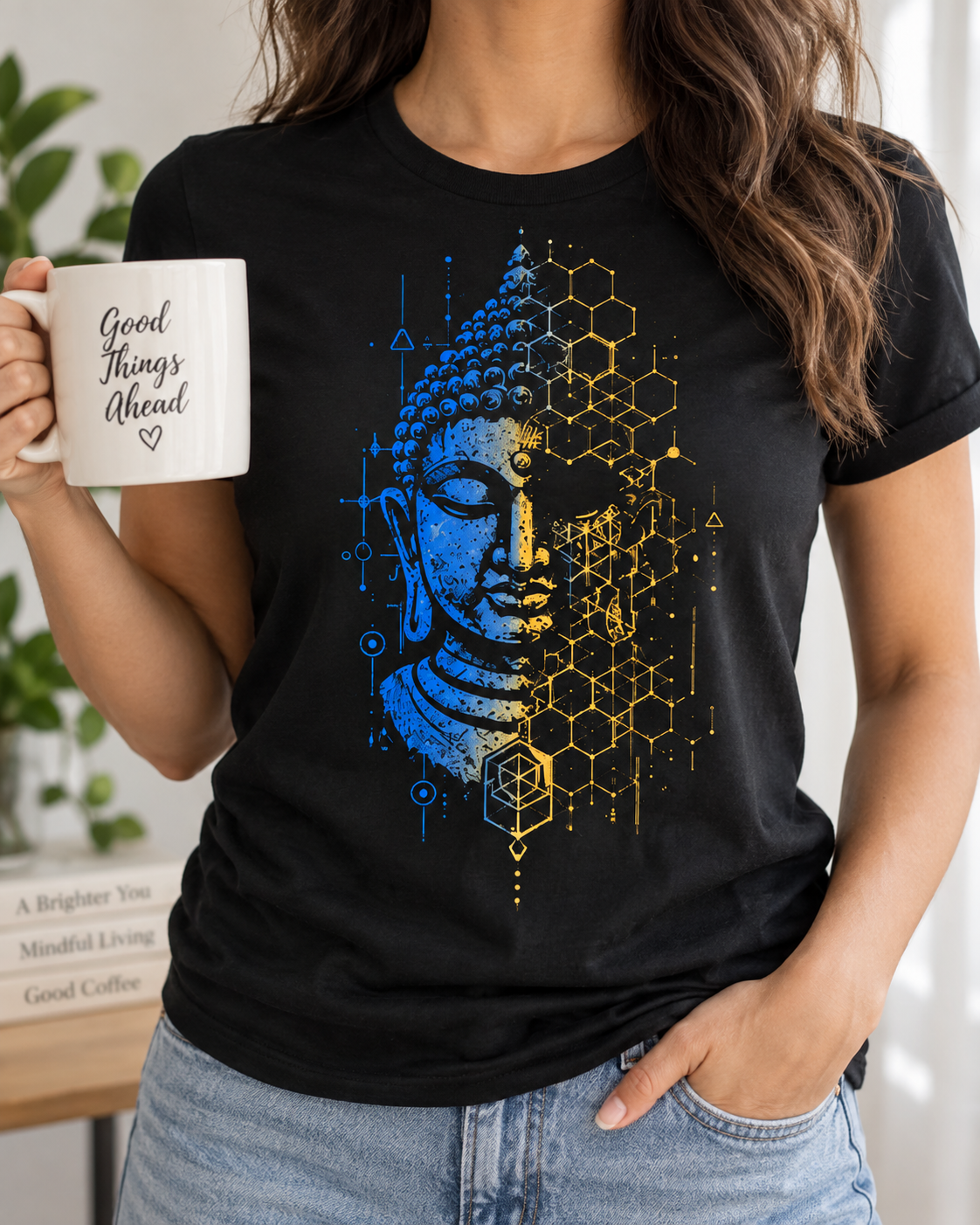 Geometric Buddha T-Shirt – Blue & Gold