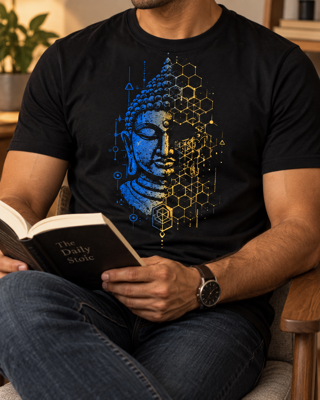 Geometric Buddha T-Shirt – Blue & Gold