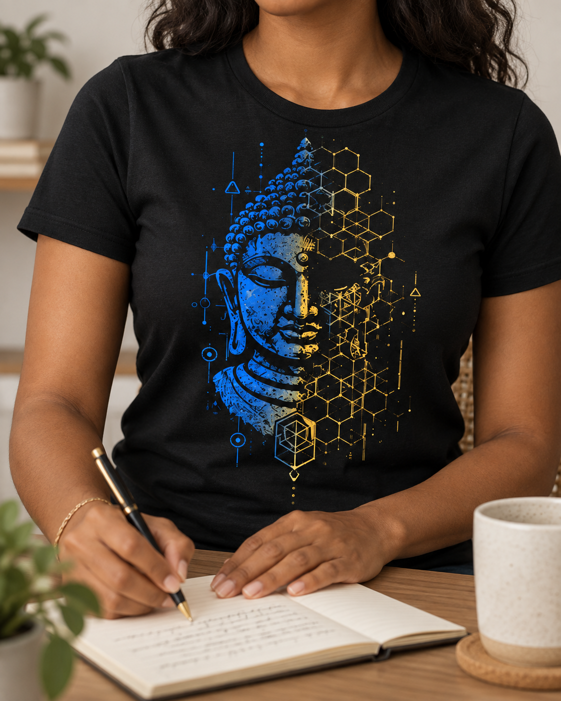 Geometric Buddha T-Shirt – Blue & Gold