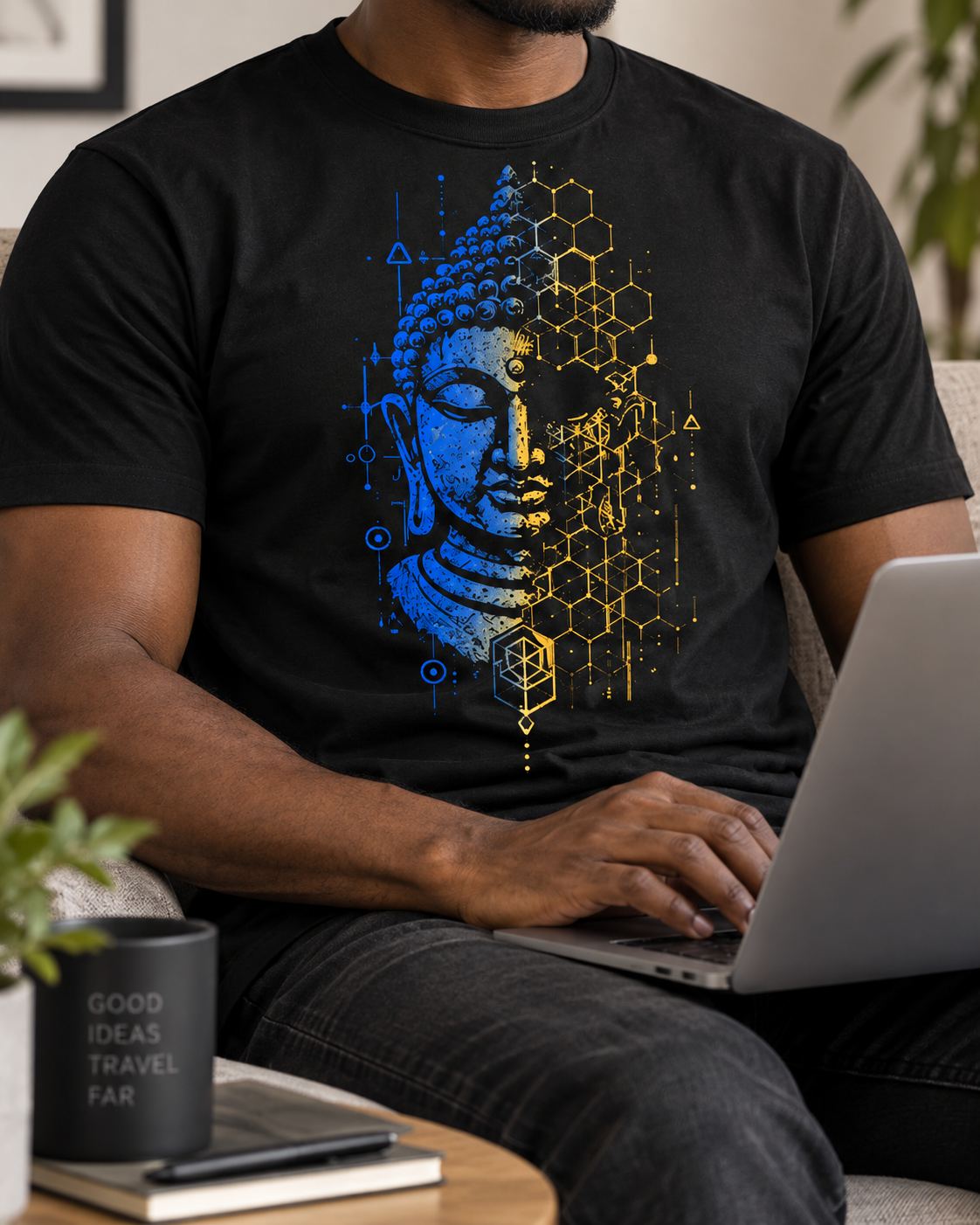 Geometric Buddha T-Shirt – Blue & Gold
