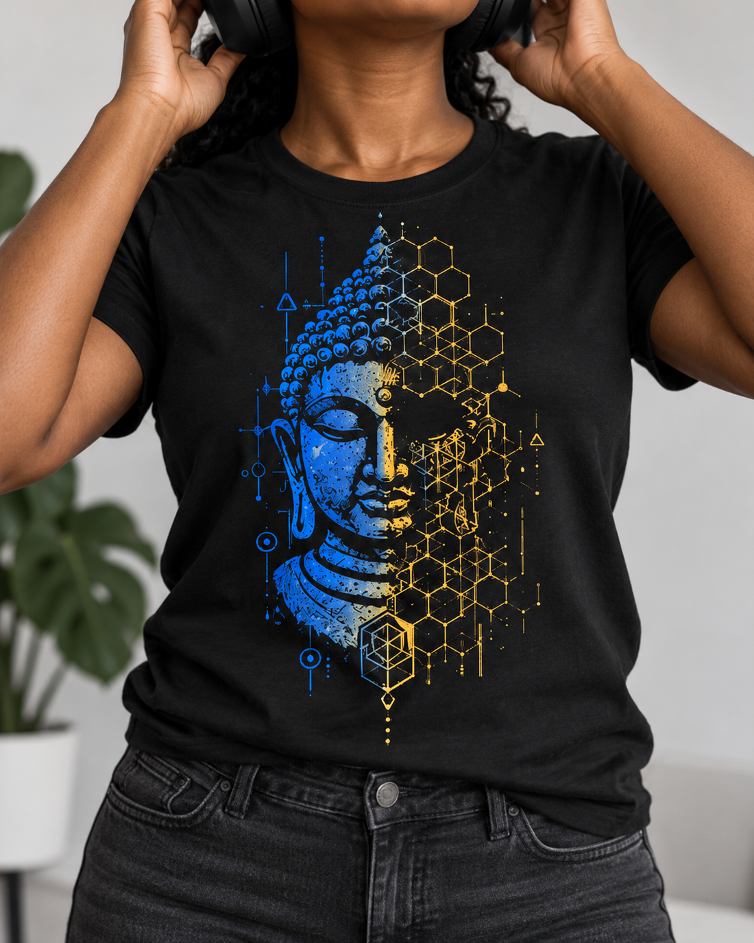 Geometric Buddha T-Shirt – Blue & Gold