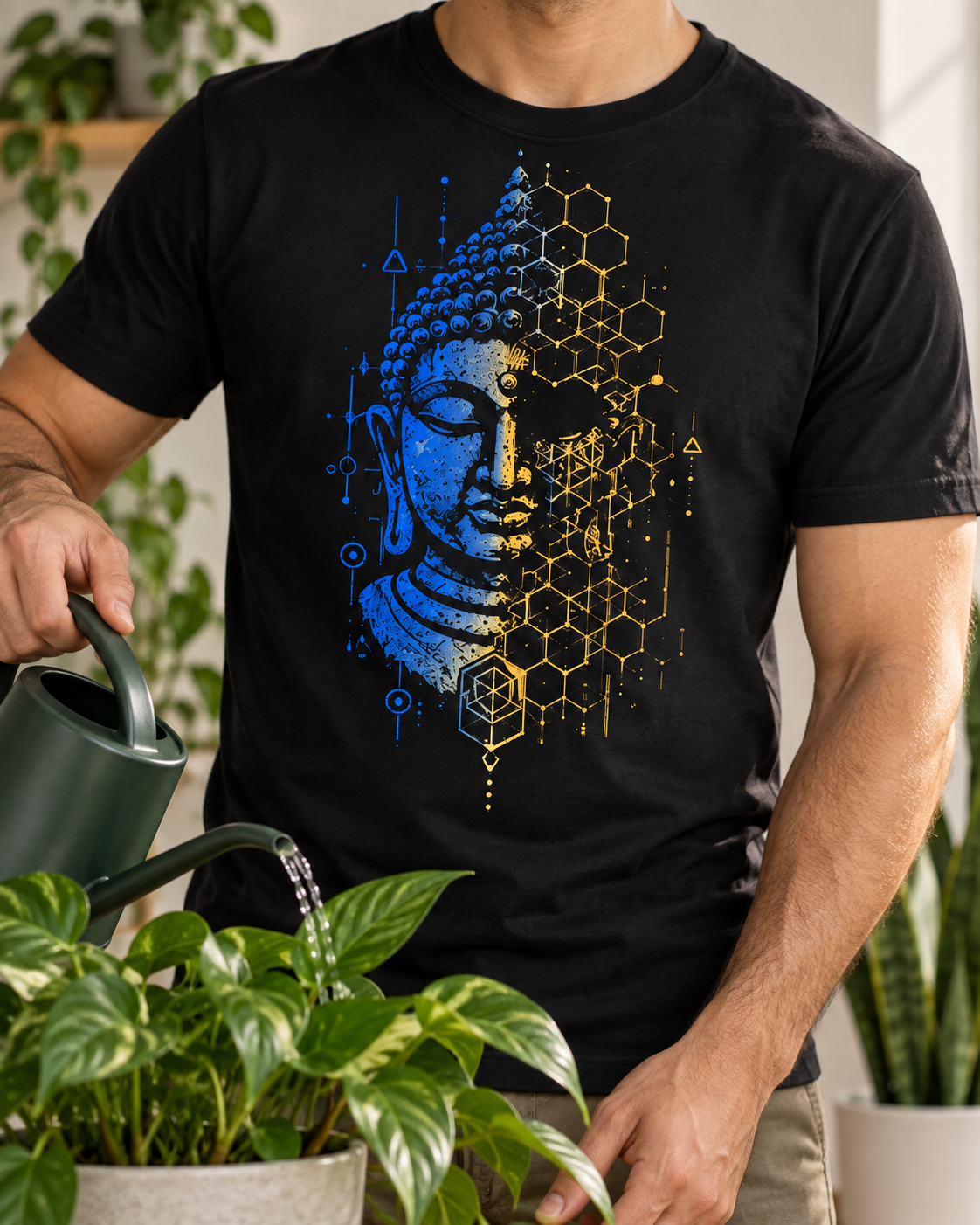 Geometric Buddha T-Shirt – Blue & Gold
