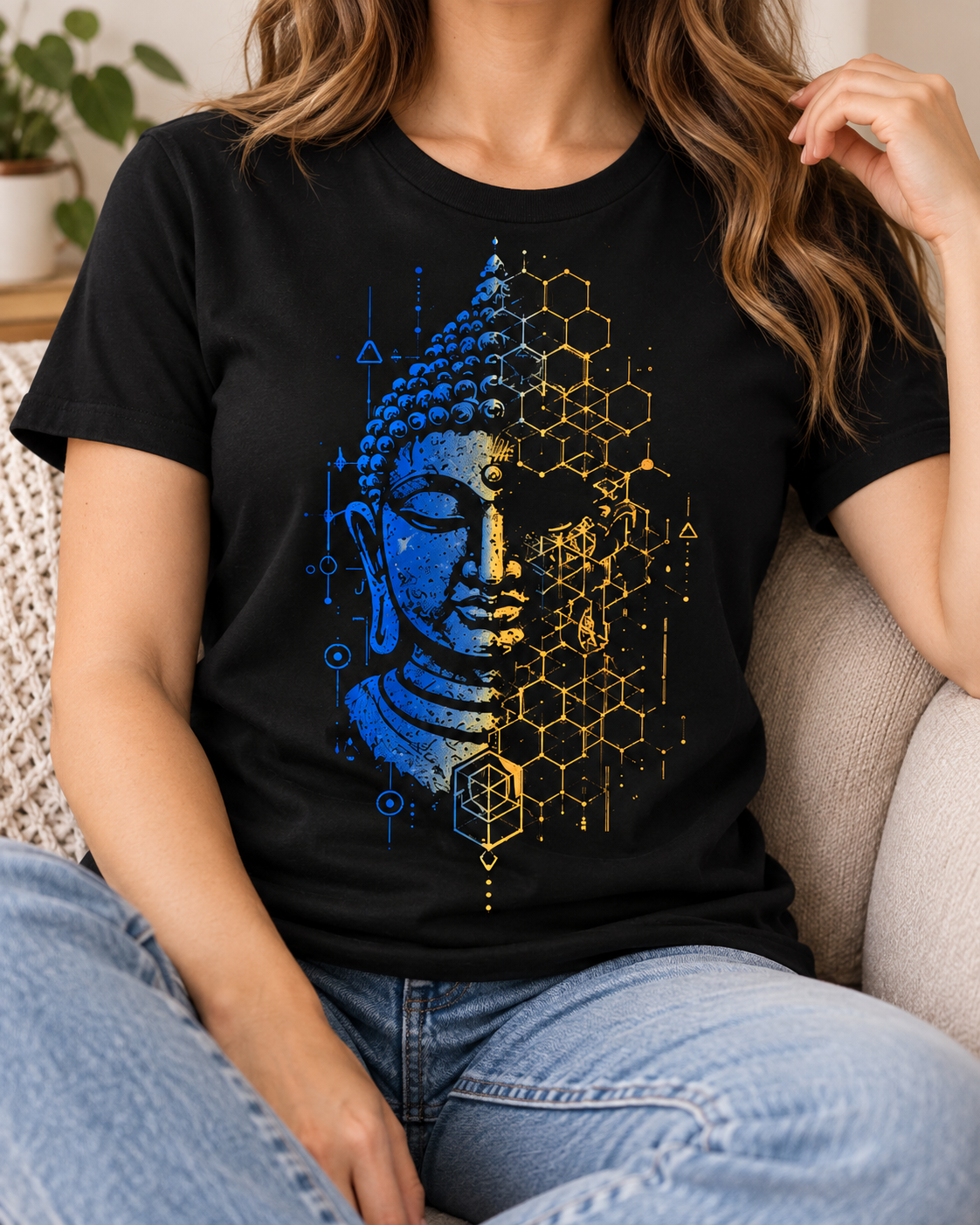 Geometric Buddha T-Shirt – Blue & Gold