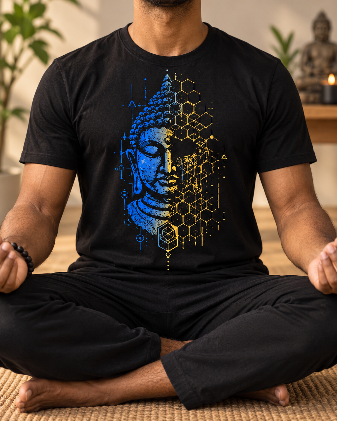 Geometric Buddha T-Shirt – Blue & Gold