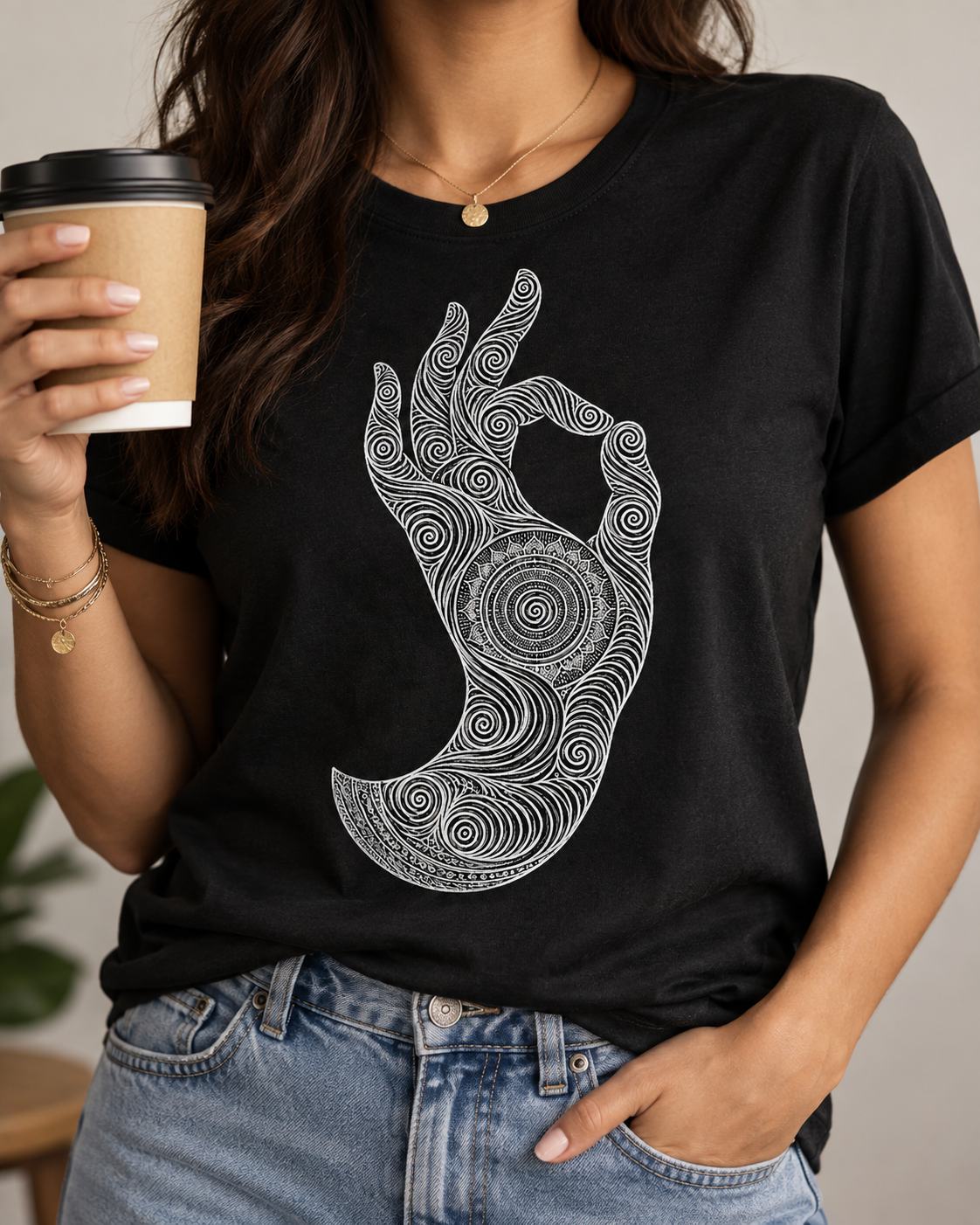 Mudra Hand T-Shirt – Spiral Line Art