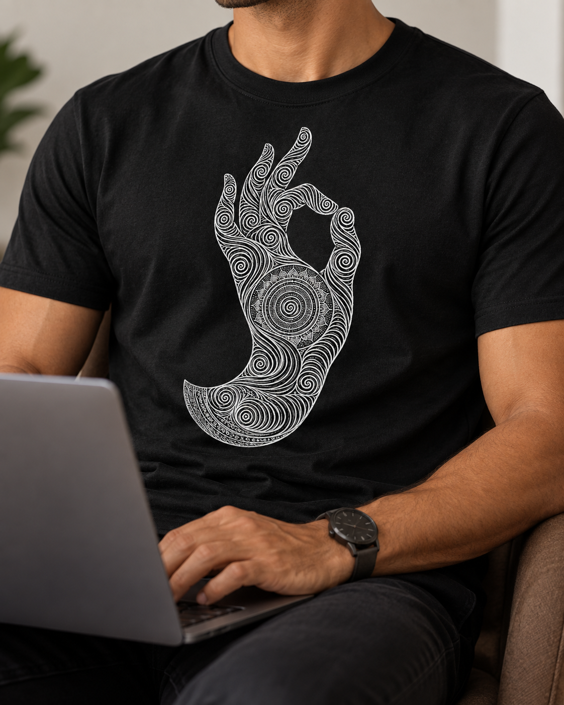 Mudra Hand T-Shirt – Spiral Line Art