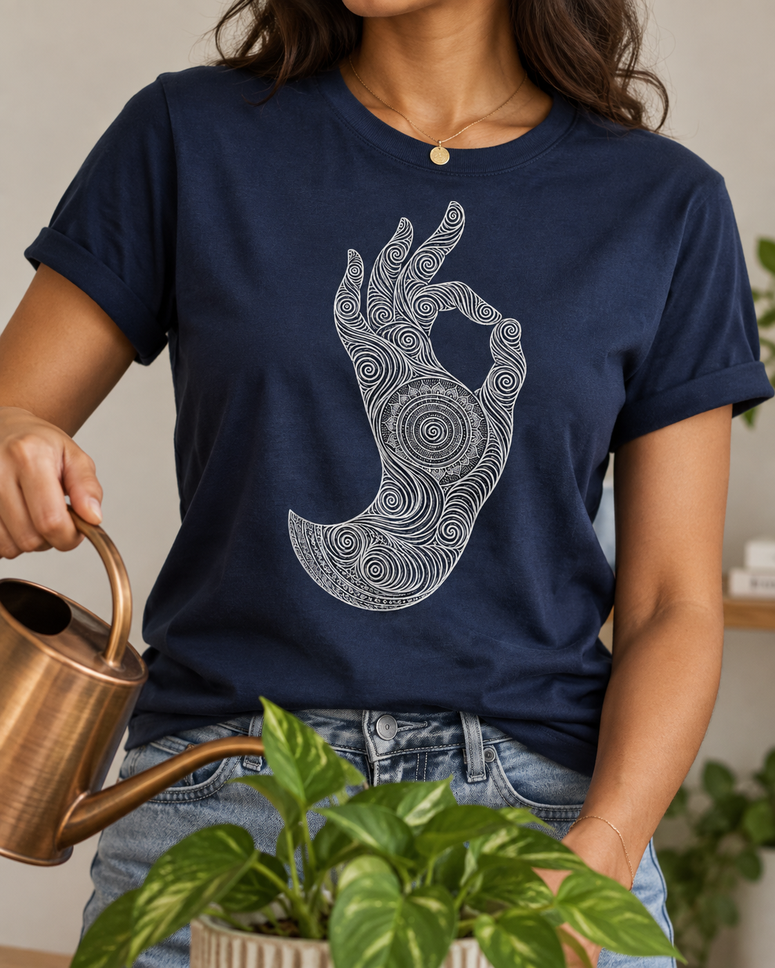 Mudra Hand T-Shirt – Spiral Line Art