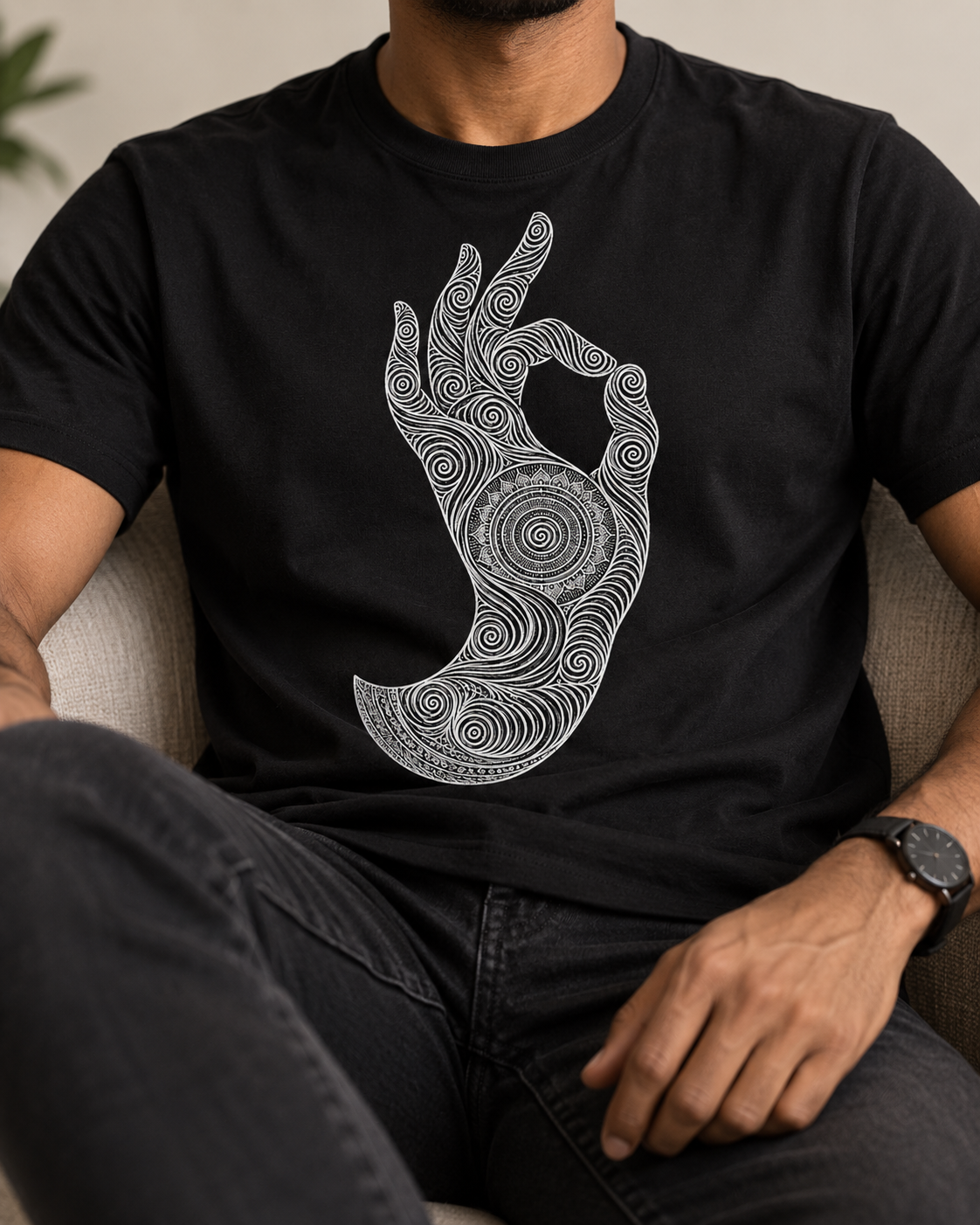 Mudra Hand T-Shirt – Spiral Line Art