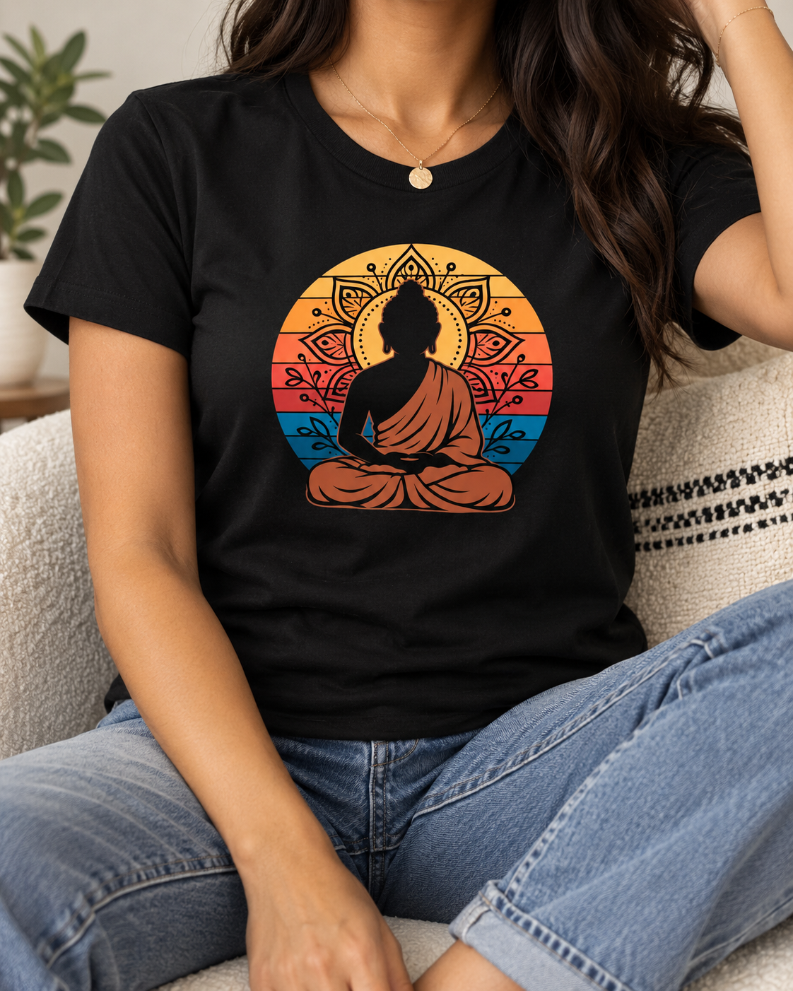 Buddha Meditation T-Shirt – Retro Sunset