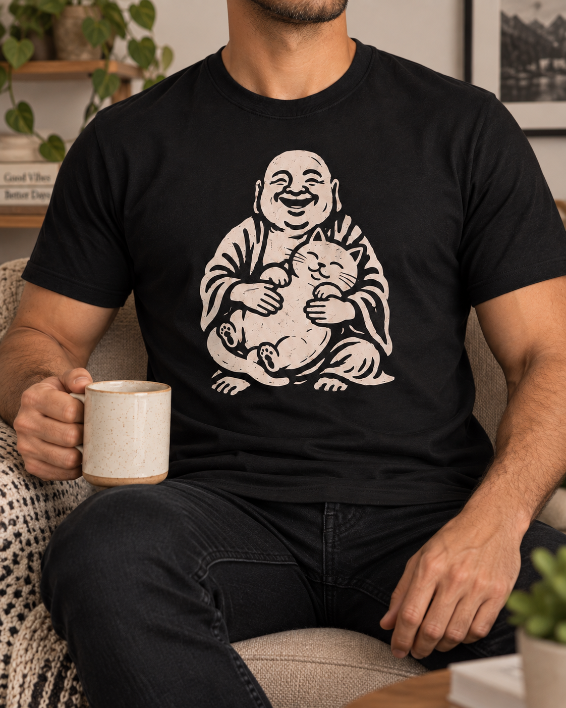 Laughing Buddha Cat T-Shirt – Vintage Hug
