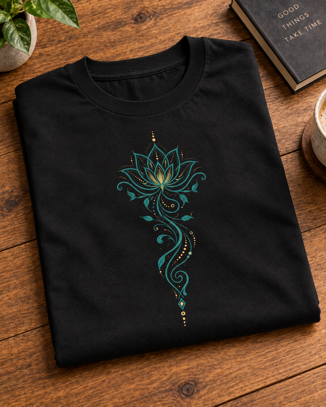 Lotus Flower T-Shirt – Teal & Gold