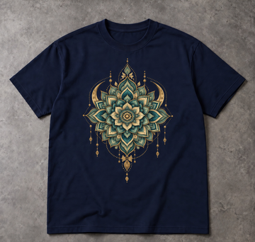 Mandala Lotus T-Shirt - Teal Gold Ornament, Unisex Graphic Tee