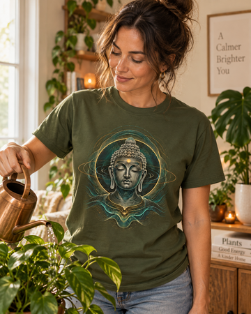 Buddha Portrait T-Shirt - Cosmic Teal Aura Graphic, Unisex